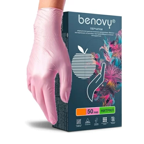 Перчатки Benovy нитриловые М розовые 1 пара в магазине milli.com.ru