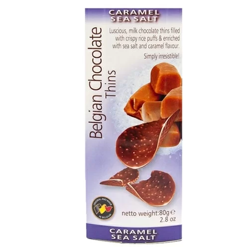 Шоколадные чипсы Belgian Chocolate thins caramel sea salt в магазине milli.com.ru